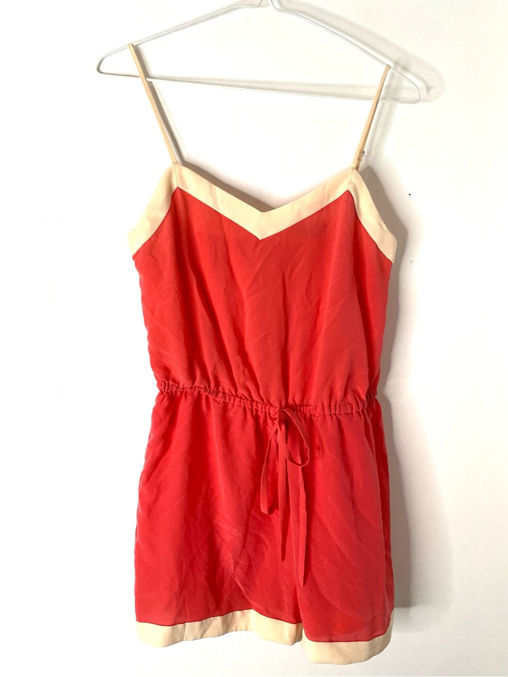 100% Silk Coral Colorblock Cami Romper Drawstring Waist Broadway & Broome